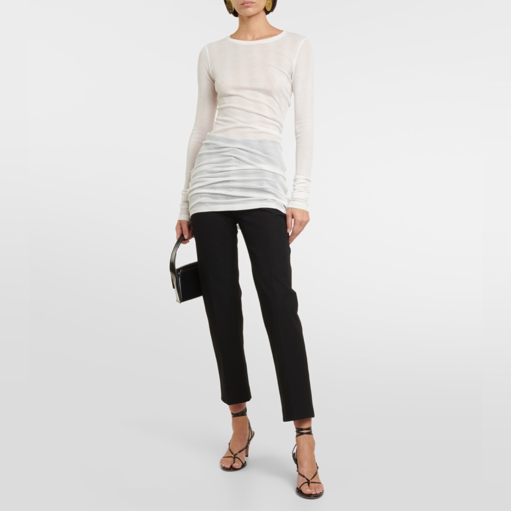 Khaite Lenora Ribbed Long Sleeve Crew Neck Top Cream Size Xs